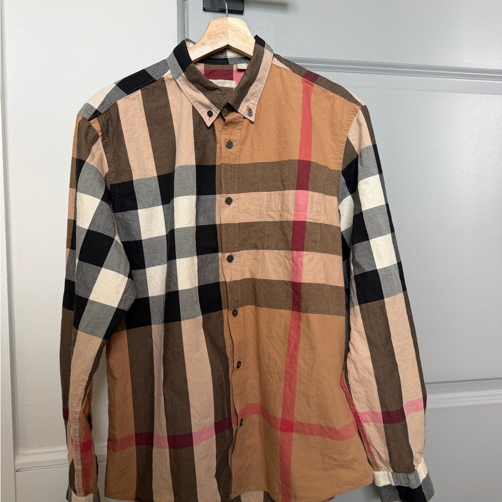 Burberry Tan and Black Plaid Button Down Shirt